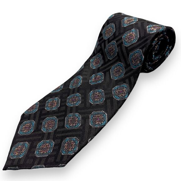 Albert Nipon Mens Necktie Patterned Multicolor Medallion 100% Silk 57 inches - Picture 1 of 11
